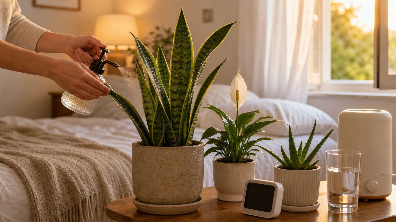 Mãos a borrifar água numa planta verde numa mesa com outras plantas, um copo de água e um difusor no quarto.