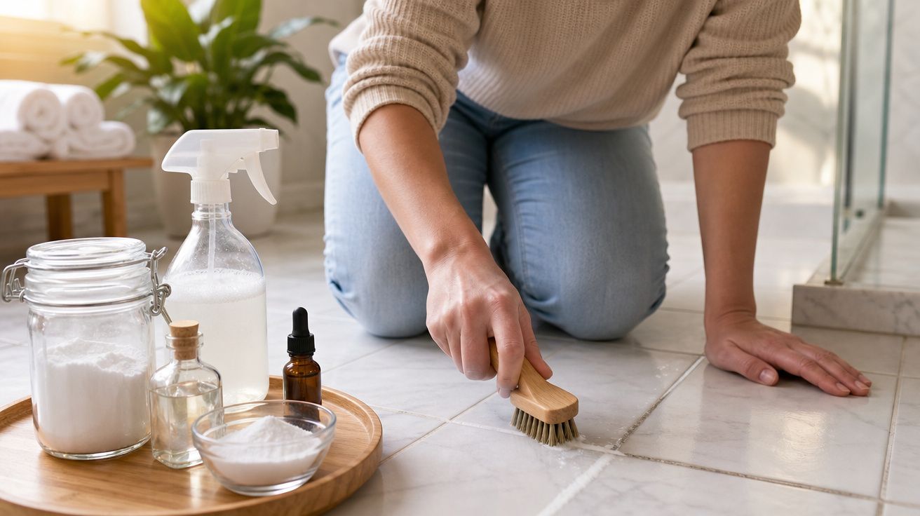 Pessoa a limpar chão de azulejo com escova, produtos de limpeza naturais numa tábua ao lado.