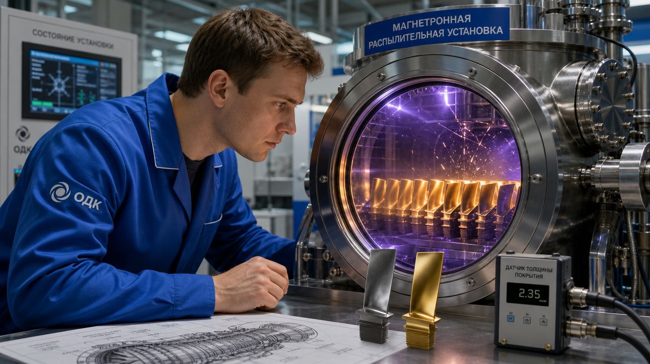 Homem em fato azul observa máquina industrial com peças metálicas brilhantes num laboratório moderno.