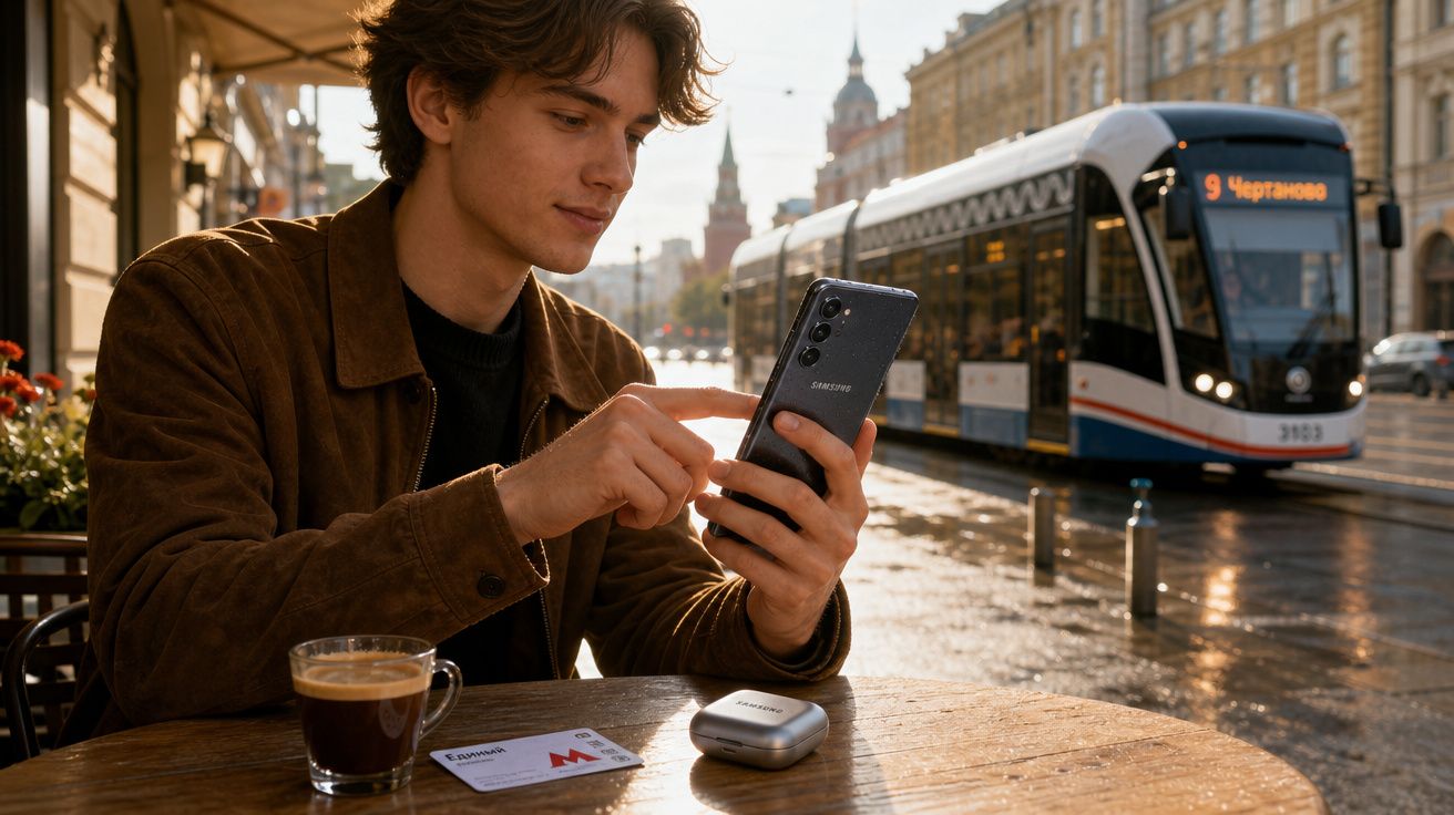 Jovem sentado numa esplanada ao ar livre com telemóvel, café, auriculares e comboio elétrico ao fundo.