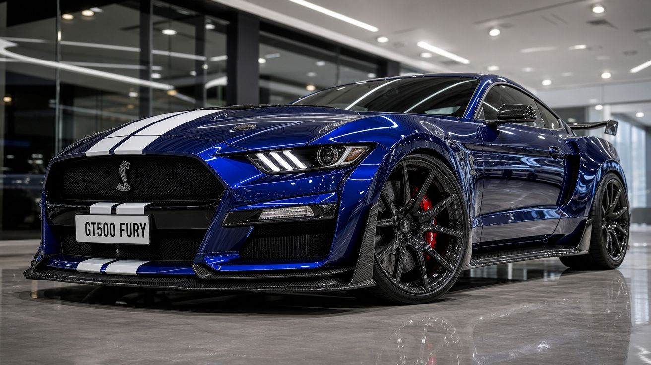 Carro desportivo azul com riscas brancas e jantes negras exposto em sala moderna.