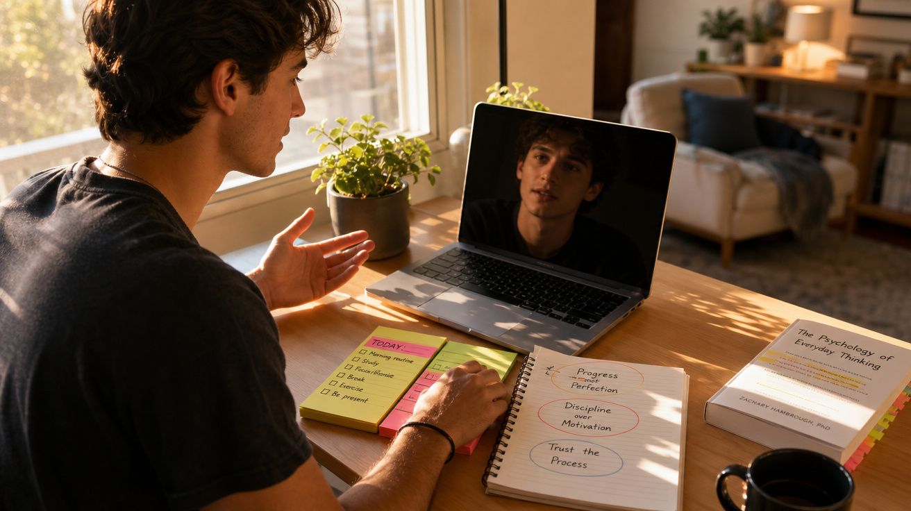 Jovem em videochamada num computador portátil com caderno e livro sobre psicologia numa secretária iluminada.