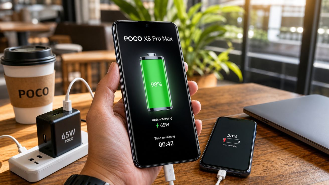 Pessoa a segurar smartphone Poco X8 Pro Max a carregar com 98%, outro telemóvel e carregador 65W numa mesa.