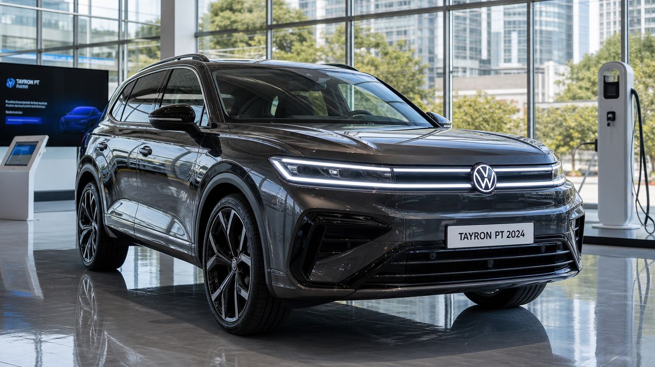 Carro elétrico Volkswagen Tayron PT 2024 cinza exposto em salão moderno com grandes janelas.