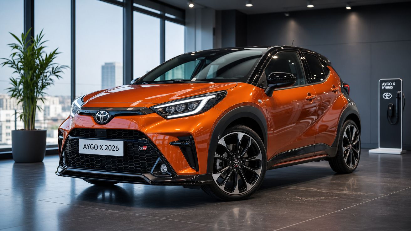 Toyota Aygo X 2026 laranja e preto, modelo híbrido, exibido numa sala de exposição moderna.