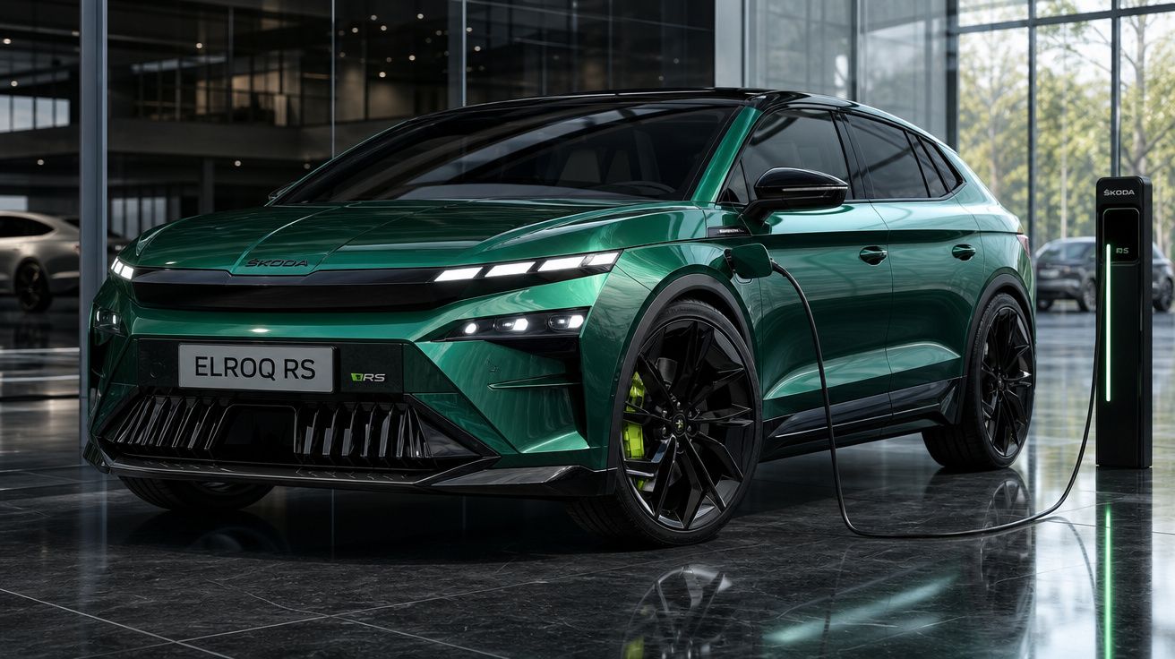 Carro elétrico verde Škoda Enyaq RS estático numa sala moderna com carregador ligado.