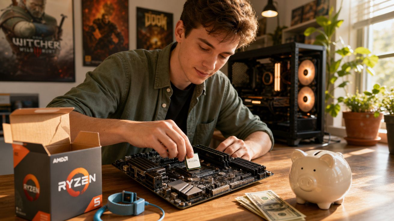 Jovem a instalar um processador Ryzen numa motherboard numa mesa com notas de dólar e um mealheiro.