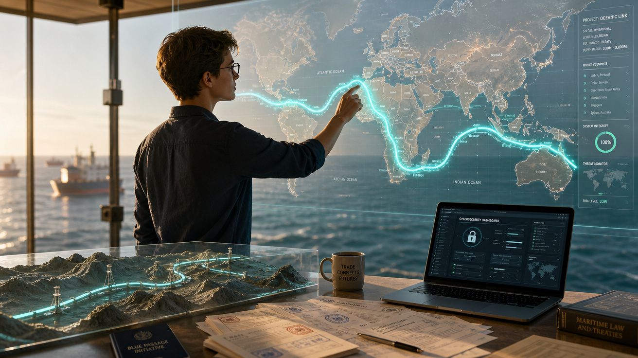Pessoa em escritório com mapa digital interativo do percurso de um cabo submarino ligado à tecnologia e comércio marítimo.