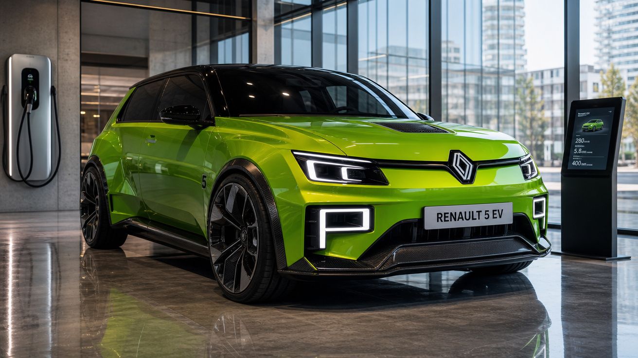 Automóvel elétrico Renault 5 EV verde em espaço moderno com carregador e painel informativo.