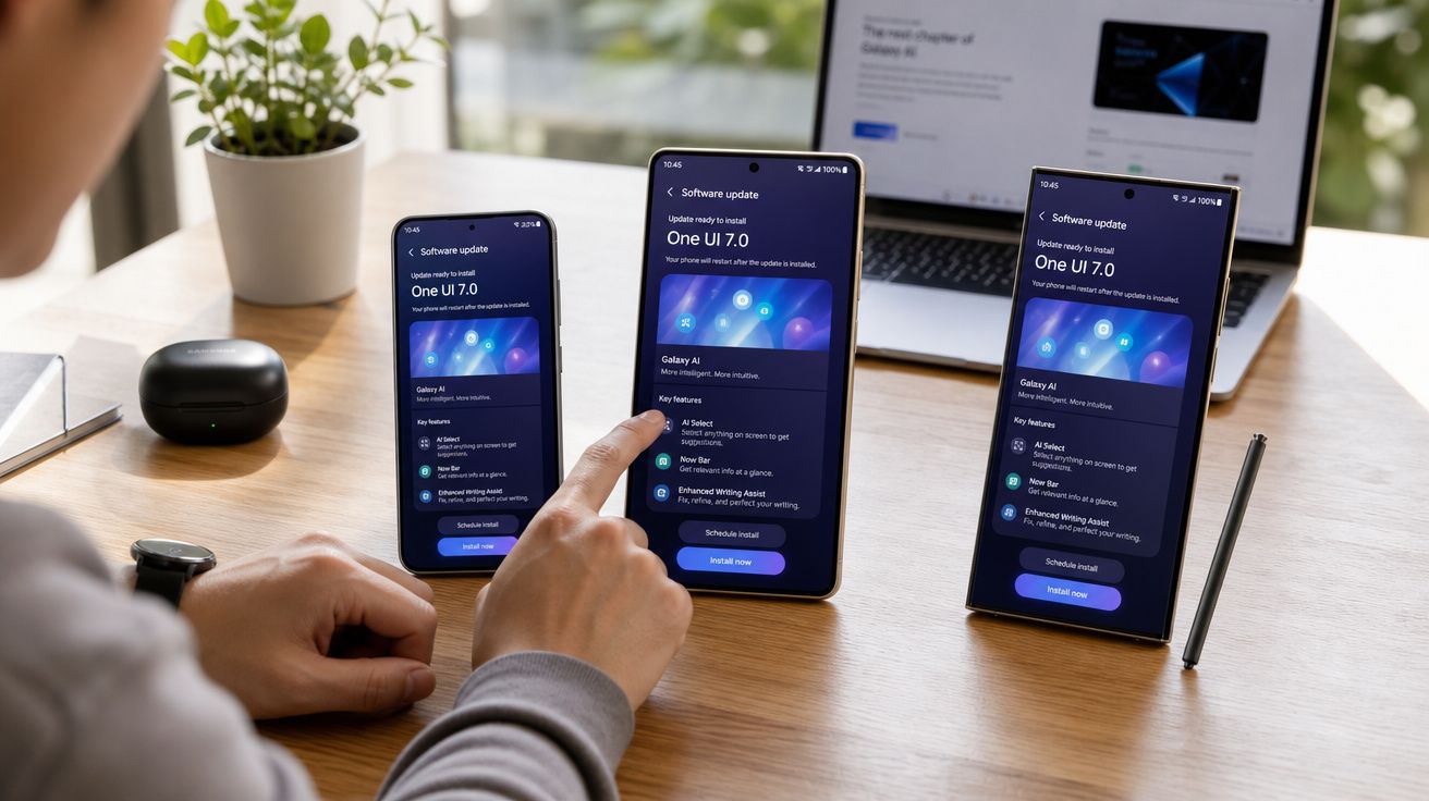 Pessoa usando um smartphone para atualizar software One UI 7.0 com dois outros Samsung Galaxy no mesmo ambiente.