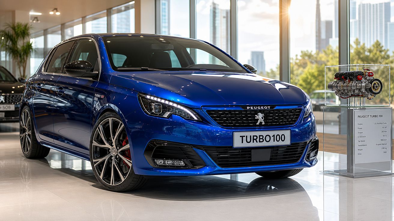 Peugeot Turbo 100 azul exposto em showroon moderno com motor em exposição ao lado.