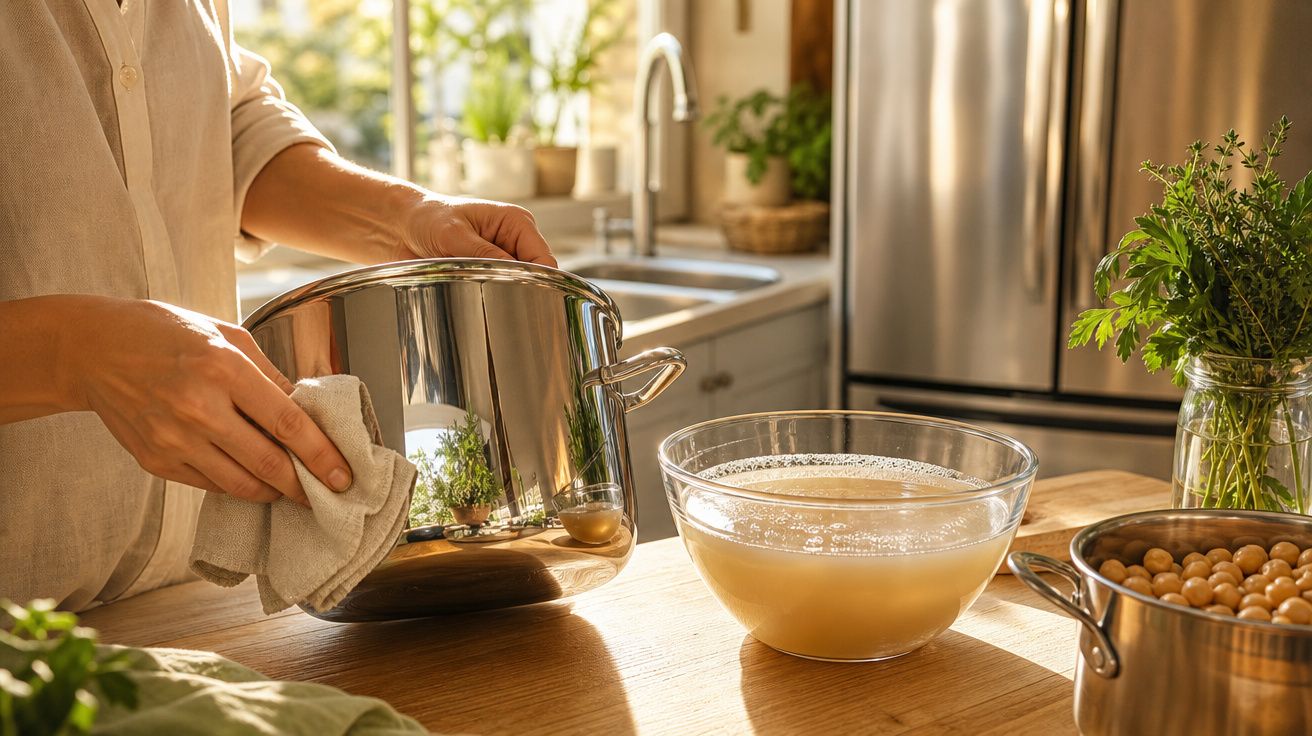 Pessoa despeja líquido denso de uma panela para uma tigela de vidro numa cozinha iluminada com plantas na bancada.