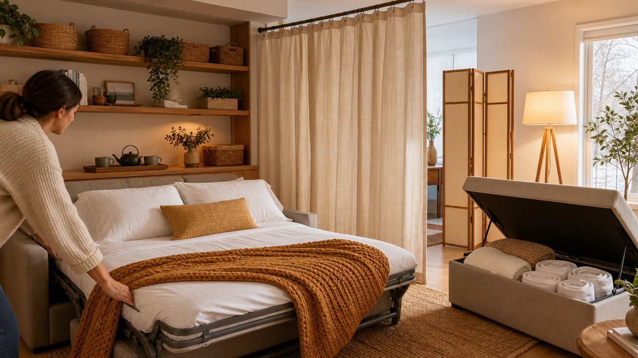Quarto moderno com sofá-cama aberto, manta castanha, almofadas e decoração com plantas e cestos.