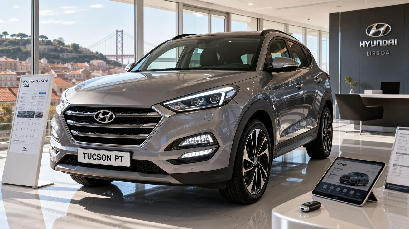 Carro Hyundai Tucson cinzento exposto em stand moderno com vista para ponte e colinas ao fundo.