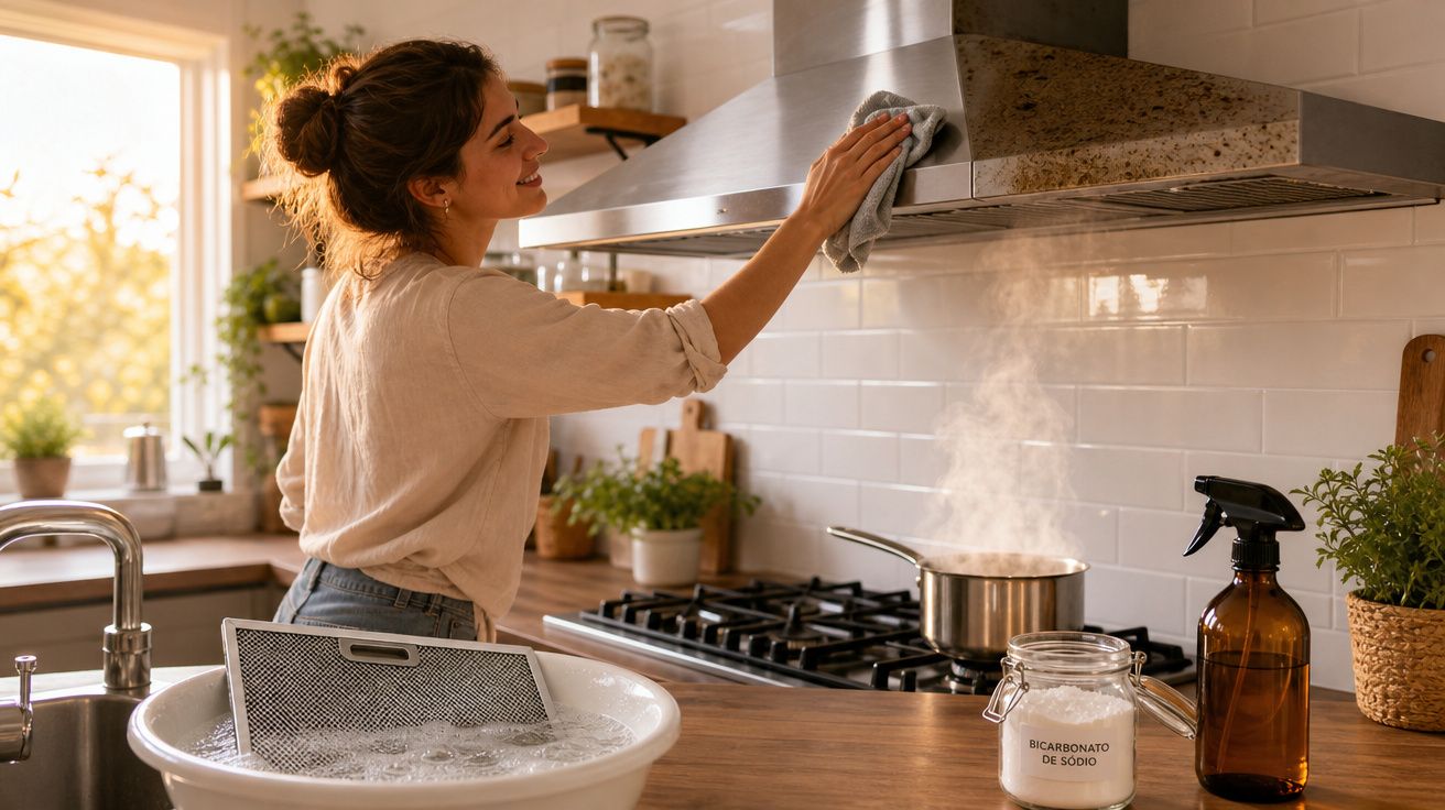 Mulher a limpar a coifa da cozinha com pano, panela a ferver ao fundo, ambiente iluminado e organizado.