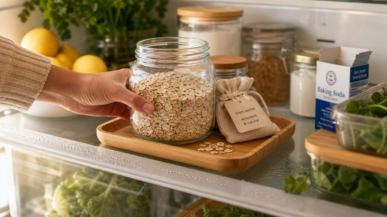 Mão a guardar frasco de aveia numa prateleira de frigorífico com legumes, limões e bicarbonato de sódio.