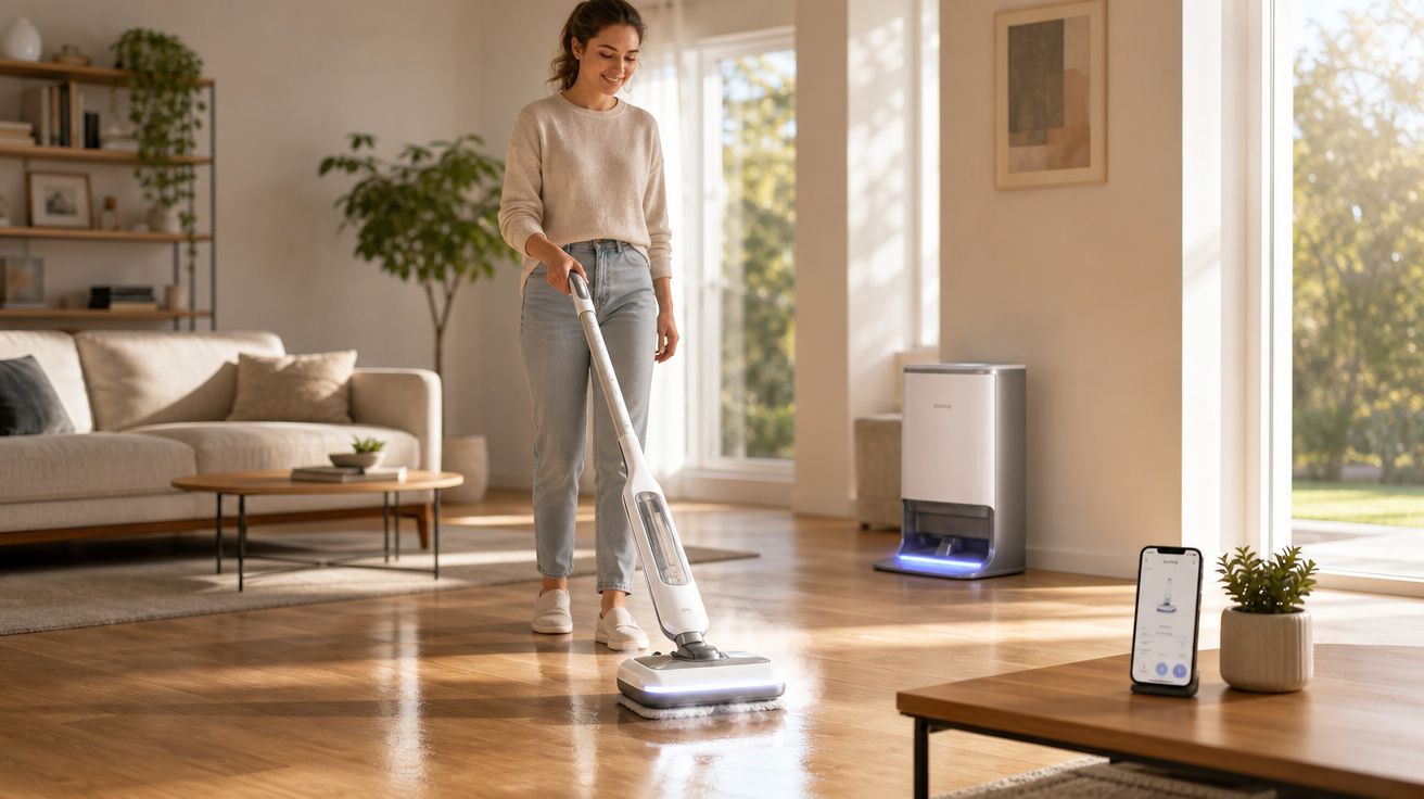 Mulher a aspirar chão de madeira clara numa sala moderna e luminosa com aspirador sem fios branco.