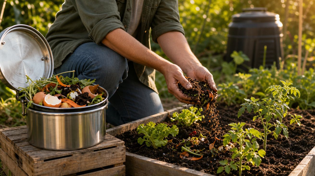 Pessoa a adicionar composto orgânico em canteiro de plantas num jardim com luz natural.