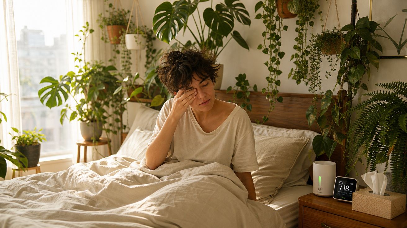 Pessoa com expressão cansada sentada na cama de manhã, rodeada por plantas numa decoração natural do quarto.