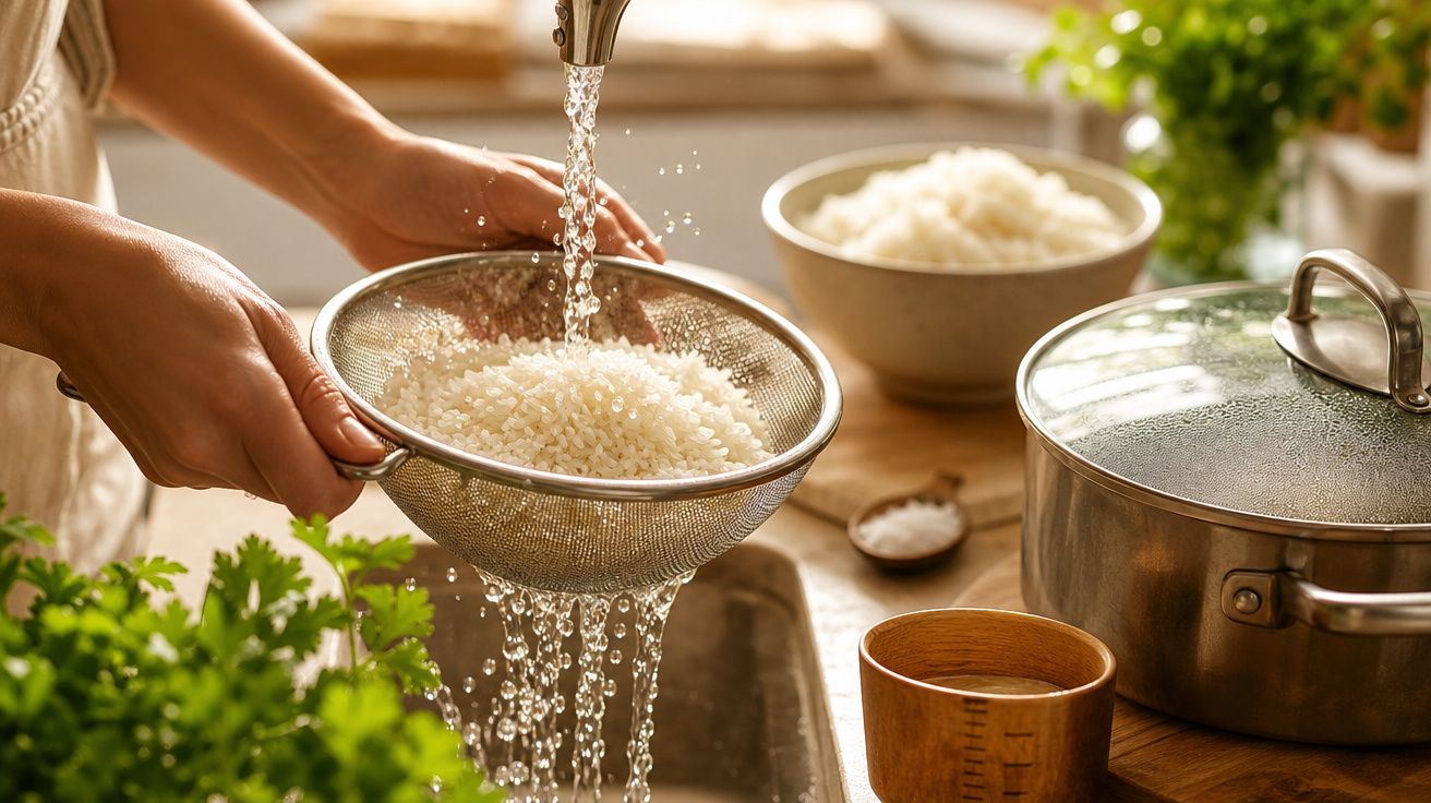 Pessoa a lavar arroz num passador metálico debaixo de água da torneira numa cozinha bem iluminada.