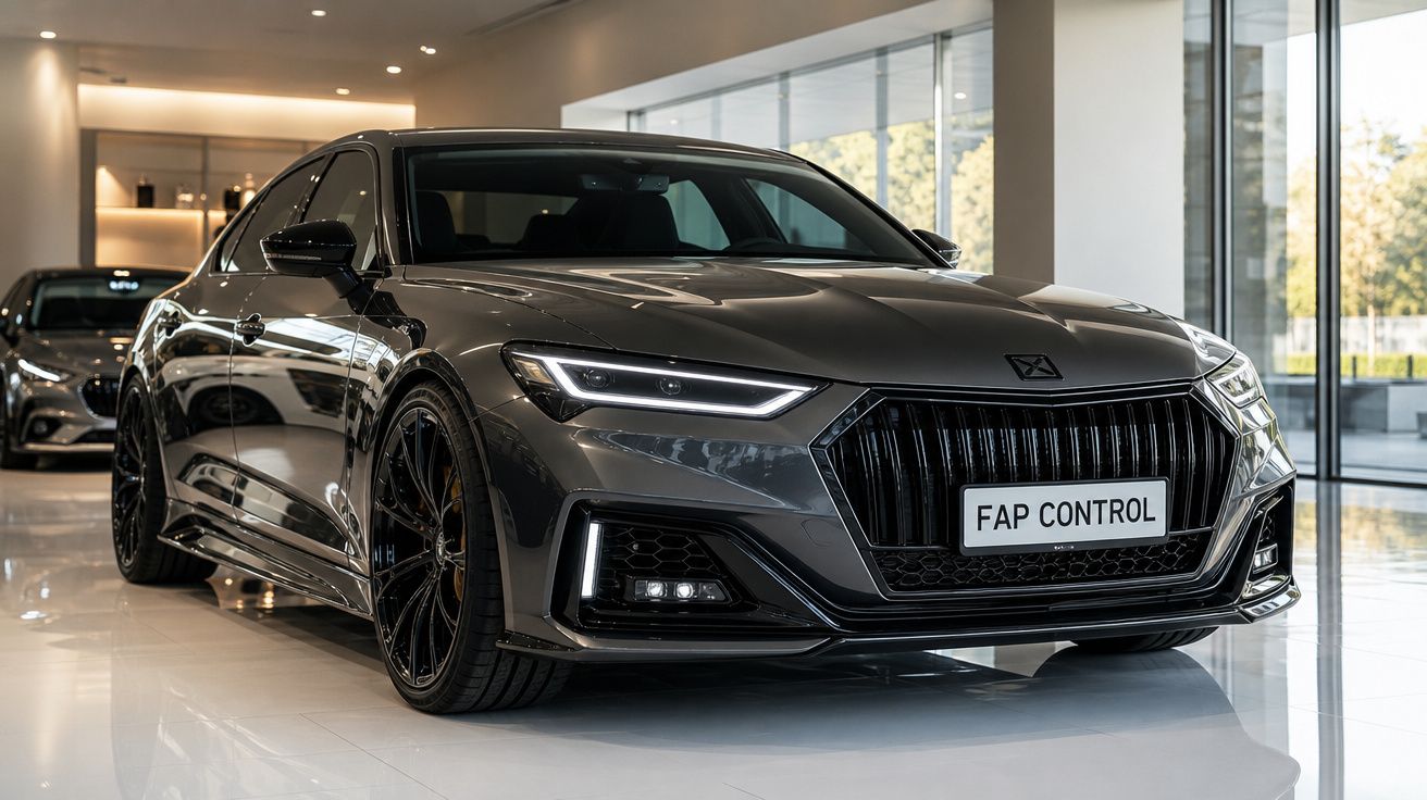 Carro desportivo cinza escuro estacionado em espaço interior moderno com luz natural abundante.