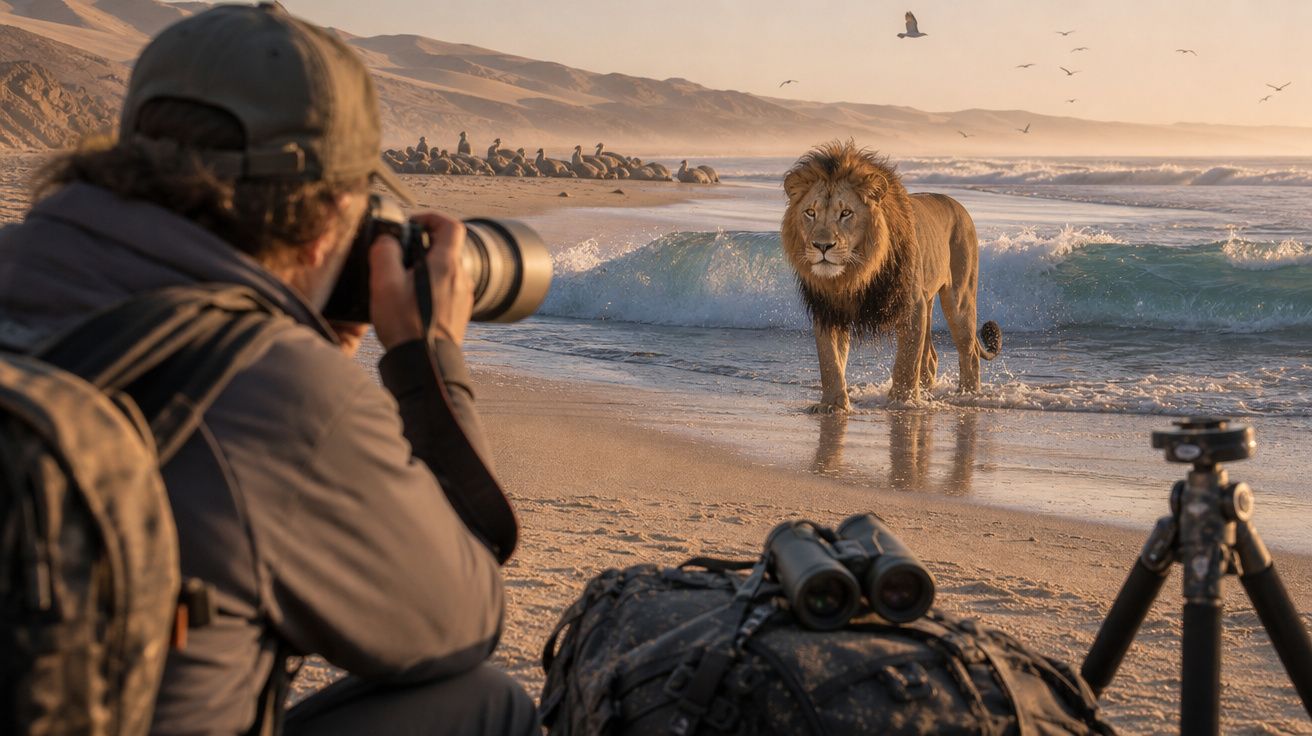 Fotógrafo a captar um leão a andar na orla marinha com ondas e dunas ao fundo ao nascer do sol.