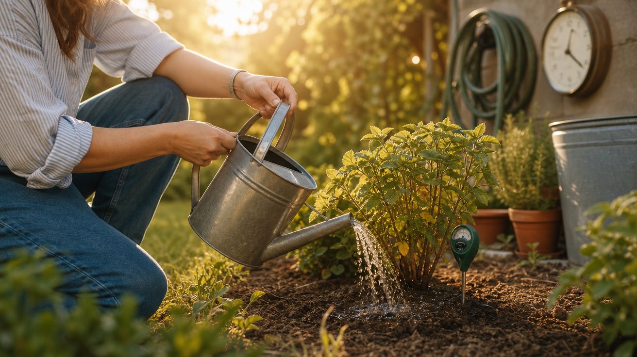 Pessoa a regar plantas num jardim ao pôr do sol com regador metálico e sensor de humidade no solo.