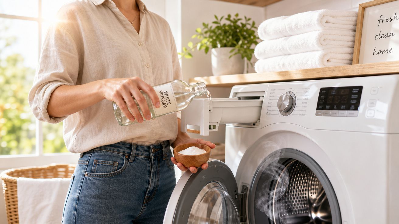 Pessoa a adicionar vinagre branco e bicarbonato na máquina de lavar roupa numa divisão luminosa e arrumada.