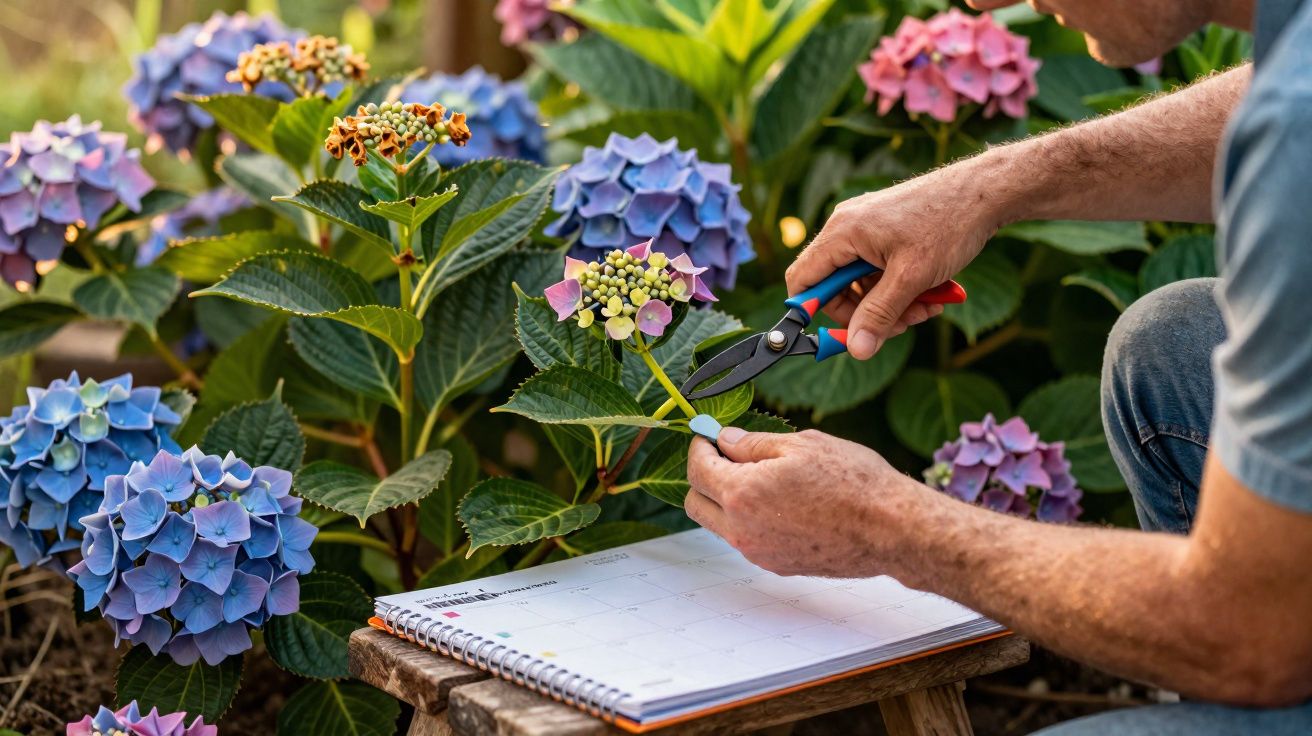 Pessoa a podar flores de hortênsia junto a um calendário num jardim.