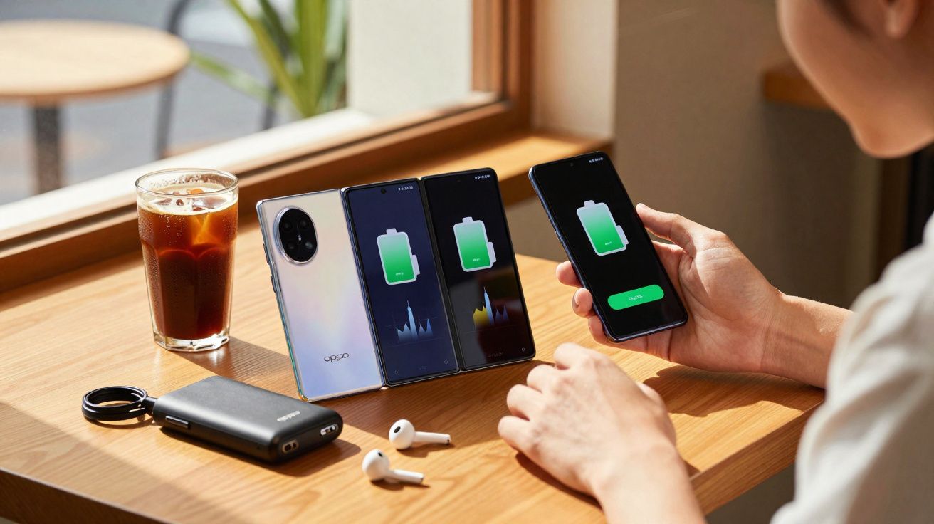 Pessoa a carregar três smartphones dobráveis da Oppo numa mesa de madeira, com carregador portátil, auscultadores e bebida.