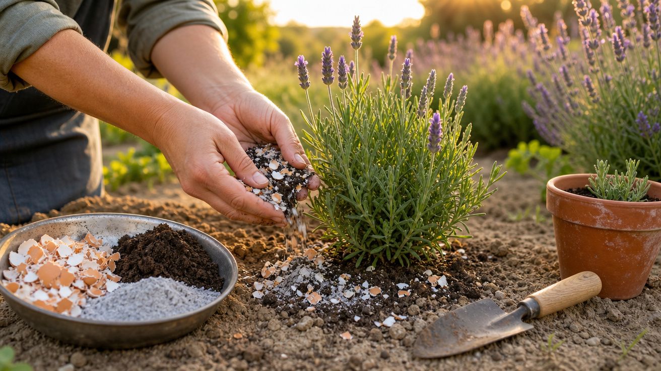 Mãos a adicionar cascas de ovos trituradas ao pé de uma planta de lavanda num canteiro ensolarado.