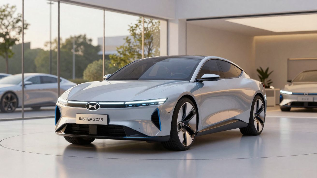 Carro elétrico prata com design futurista exposto em showroom moderno com janelas grandes.