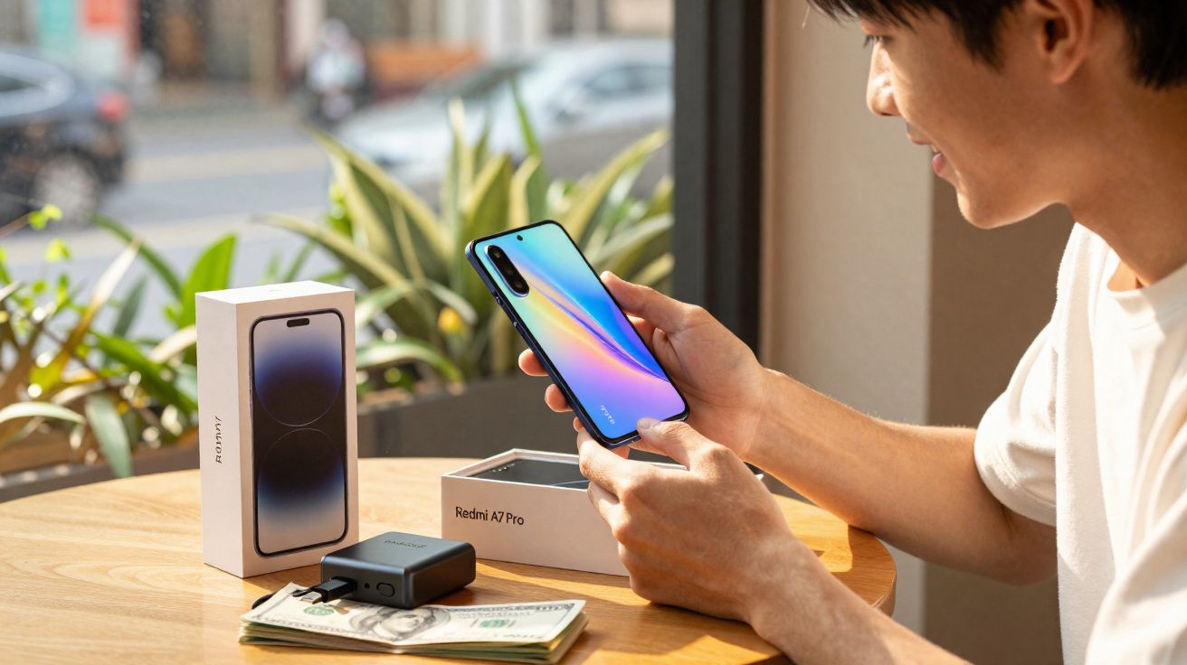 Homem a segurar smartphone Xiaomi Redmi A7 Pro com caixa e acessórios numa mesa junto à janela.