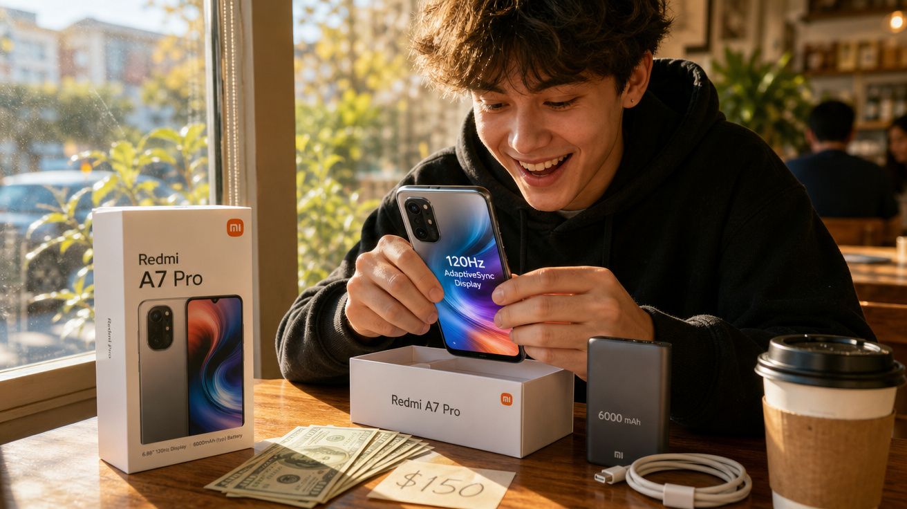Jovem a abrir smartphone Redmi A7 Pro feliz, com acessórios, dinheiro e caixa numa mesa junto a uma janela.