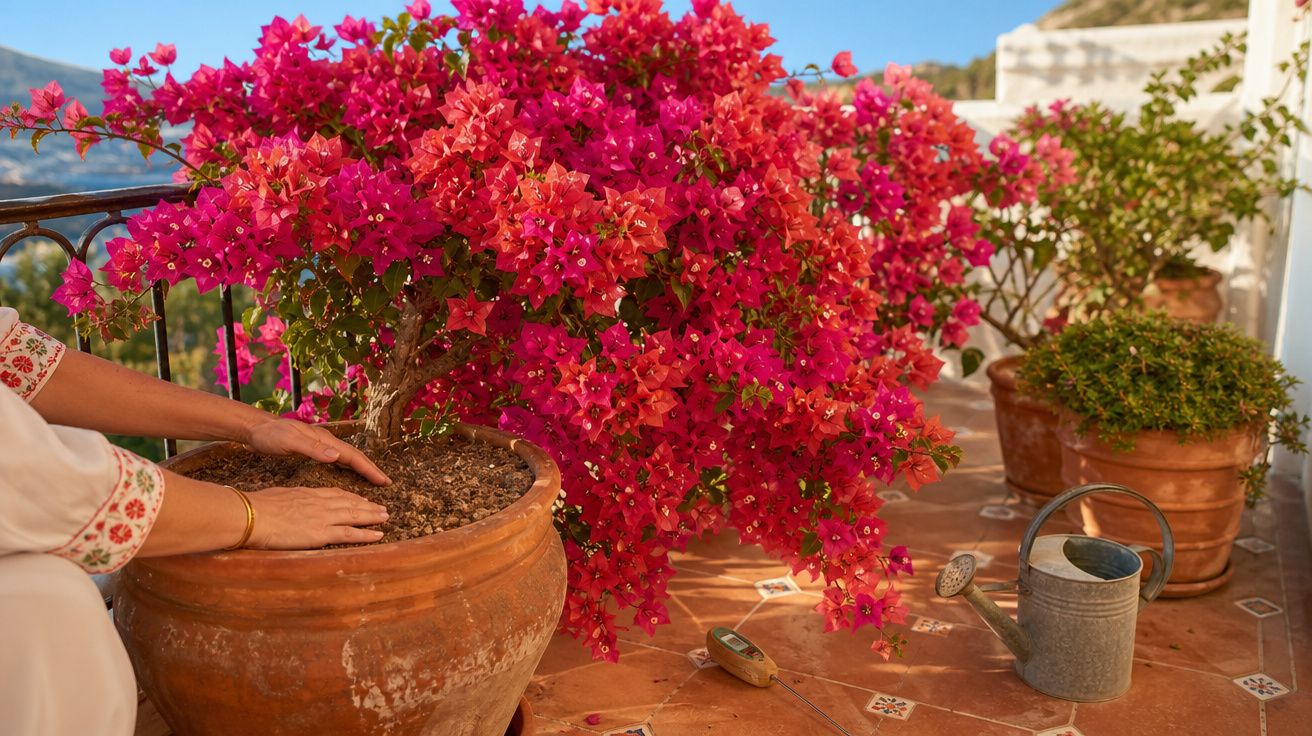 Mulher a cuidar de planta com flores rosa vibrantes num terraço com regador e medidor de humidade.
