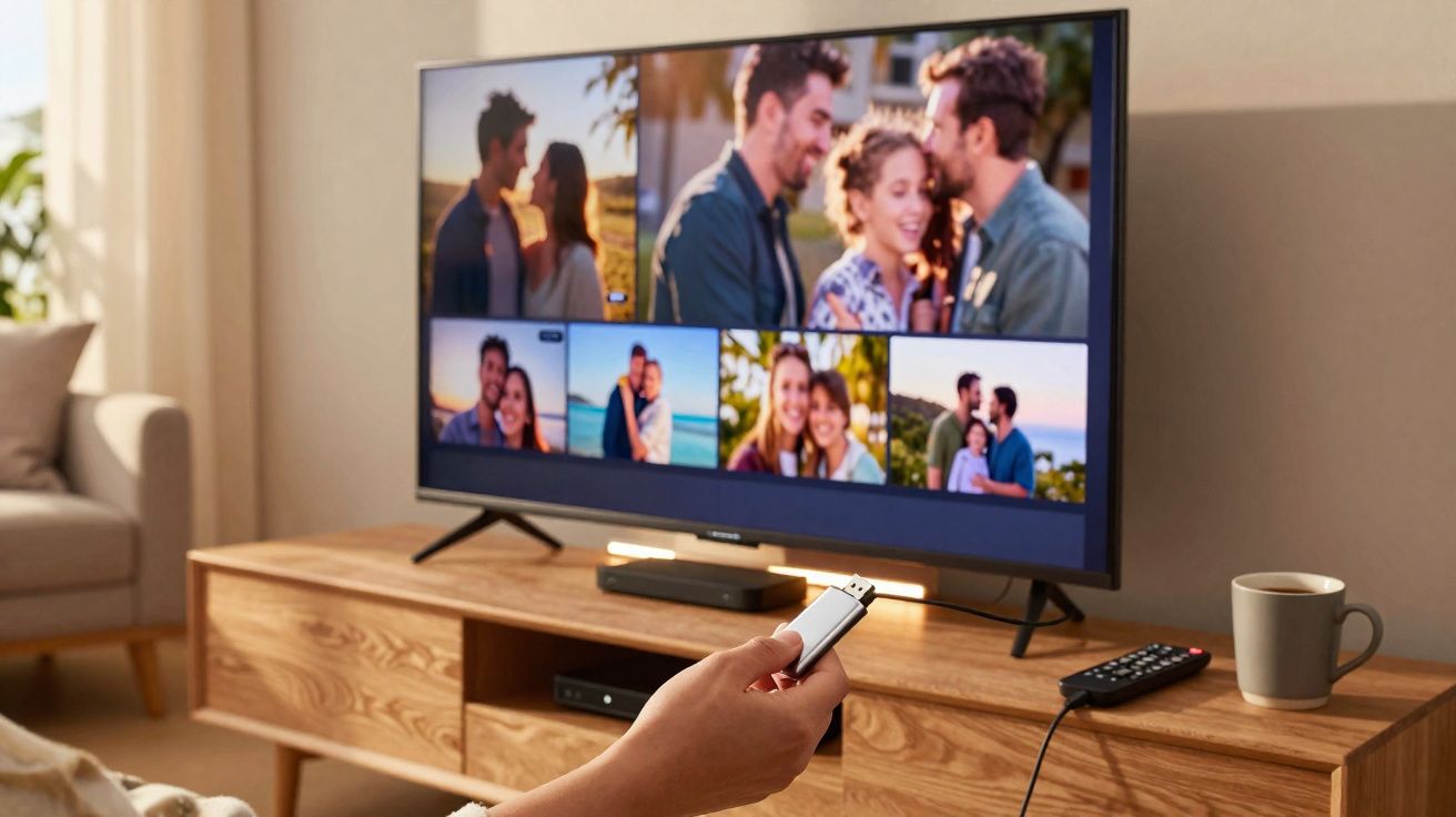 Pessoa a usar comando à distância para ver fotos de casal numa televisão numa sala acolhedora.