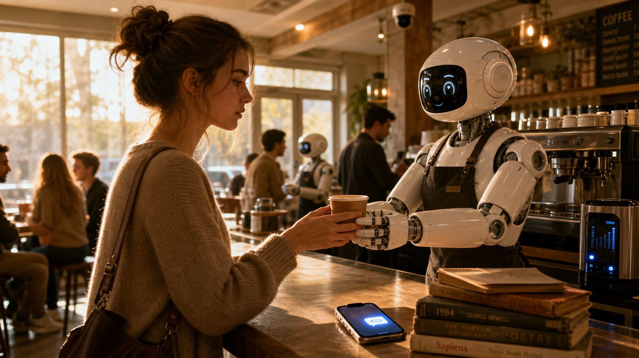 Mulher recebe café servido por robô barista num café moderno e luminoso.