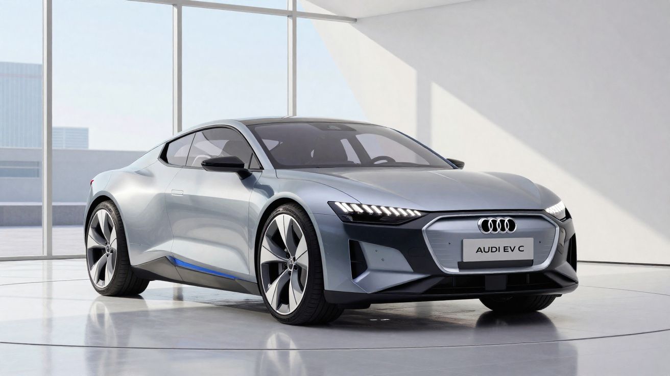 Carro elétrico Audi EV C cinzento prateado estacionado em espaço interior moderno e minimalista.