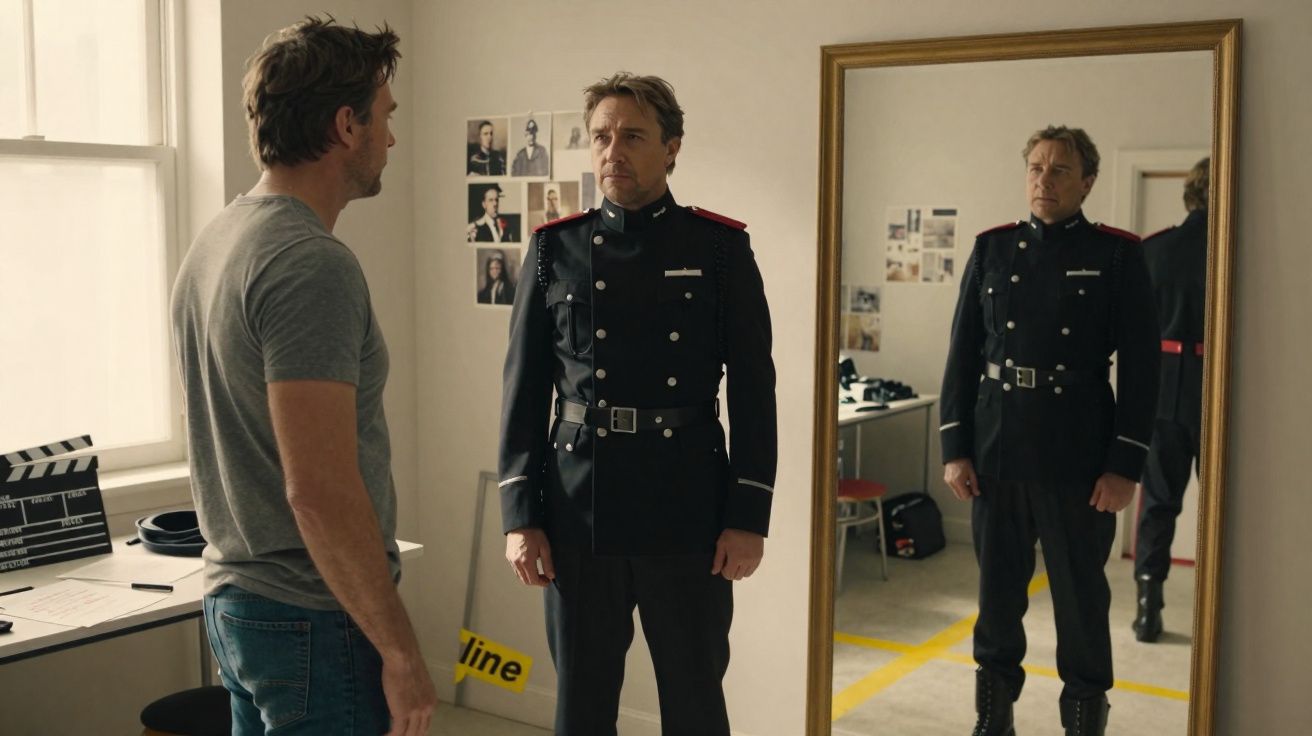 Homem em uniforme militar a olhar para o espelho, outro homem de camiseta cinza observa-o numa sala iluminada.