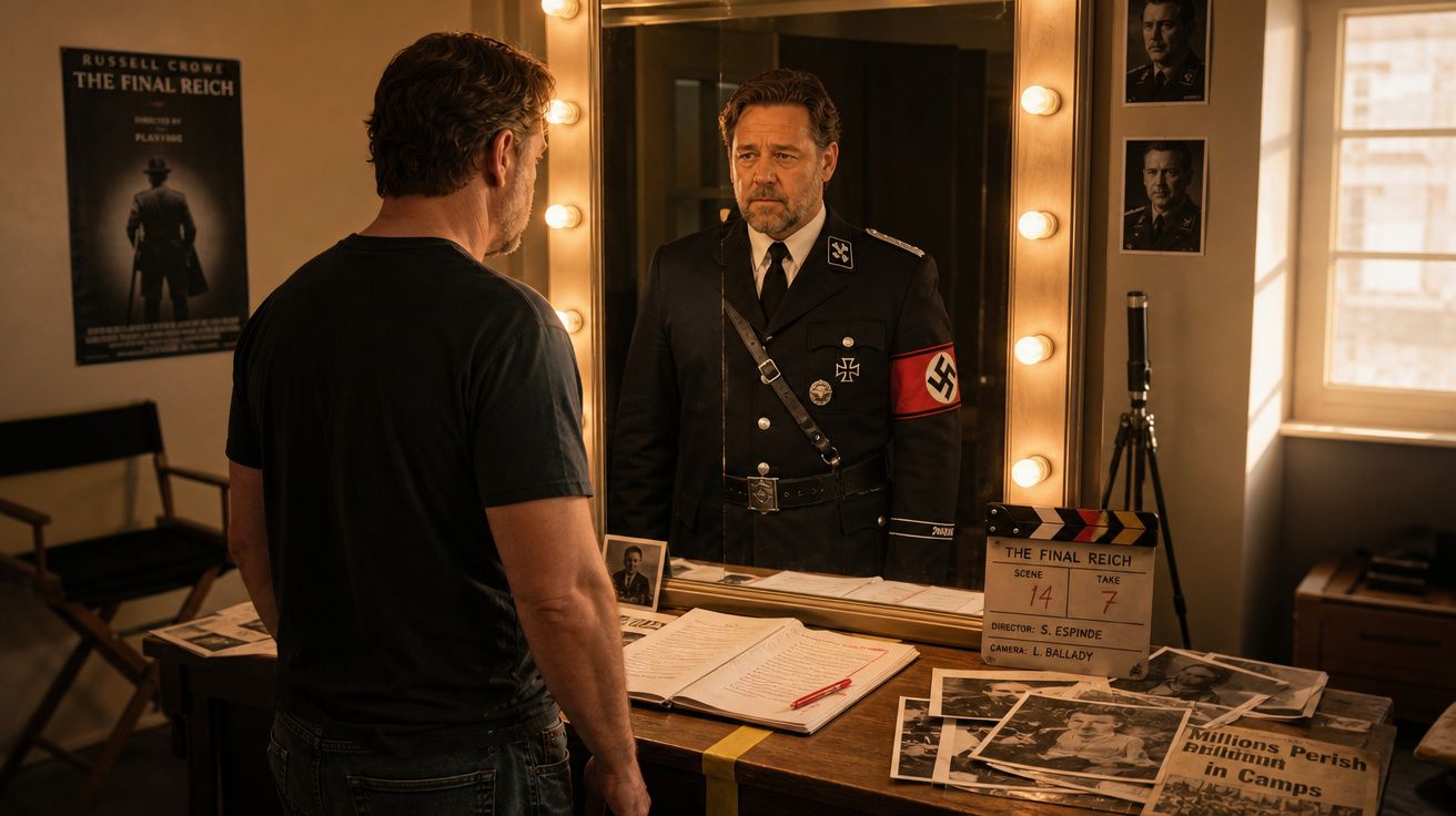 Homem em t-shirt observa no espelho a sua imagem refletida vestida com uniforme nazi histórico, em camarim iluminado.