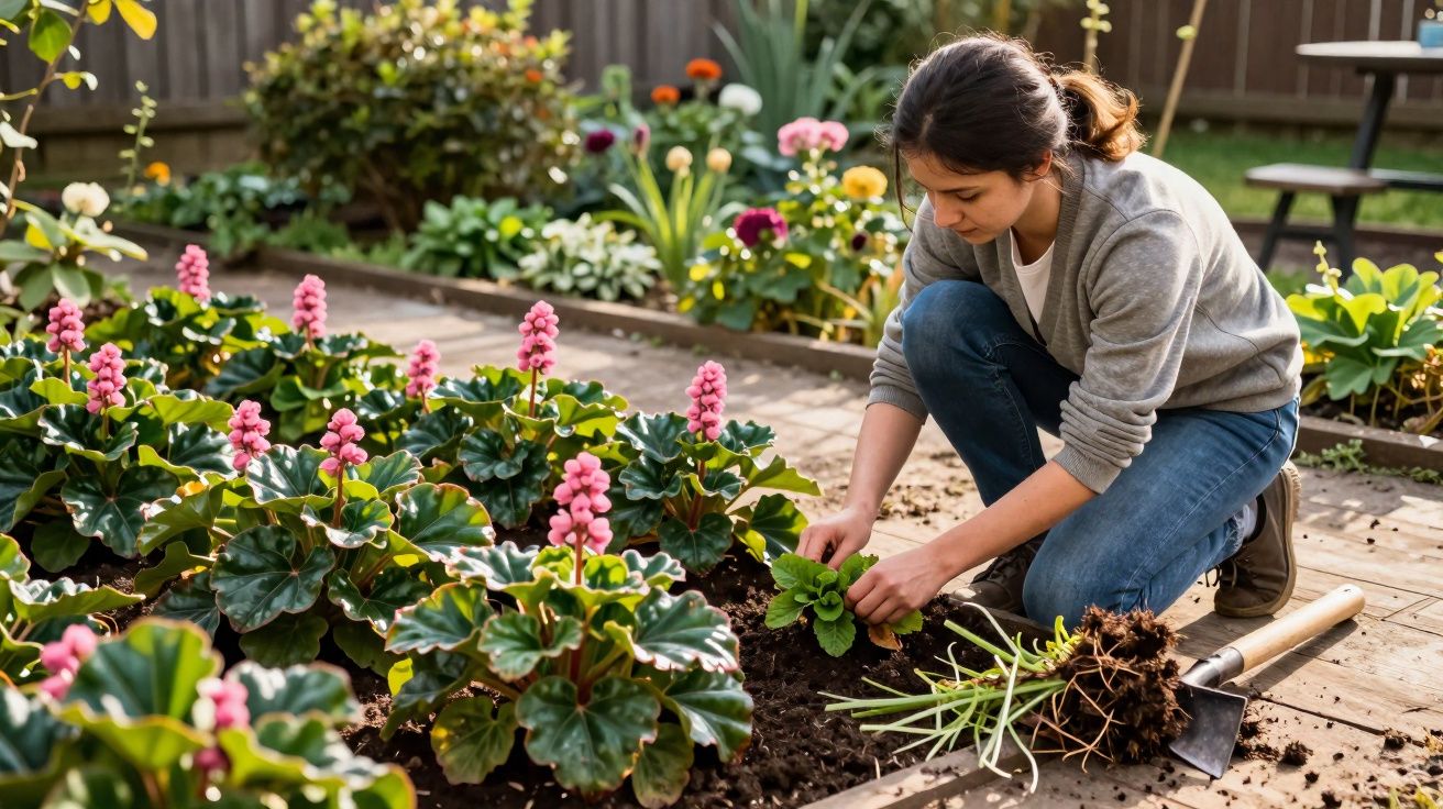 Mulher a cuidar de plantas num jardim florido, com ferramentas de jardinagem ao lado.