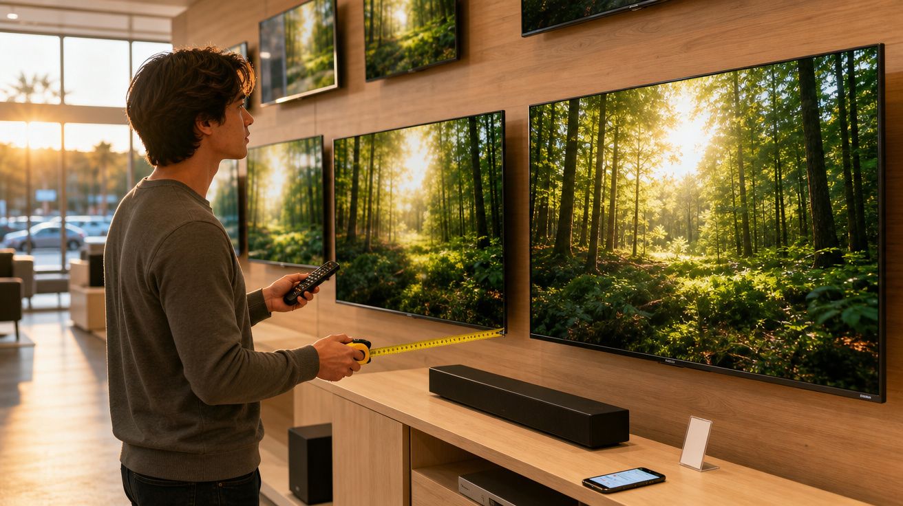 Homem a medir uma televisão numa loja de eletrónica com paisagem de floresta no ecrã.