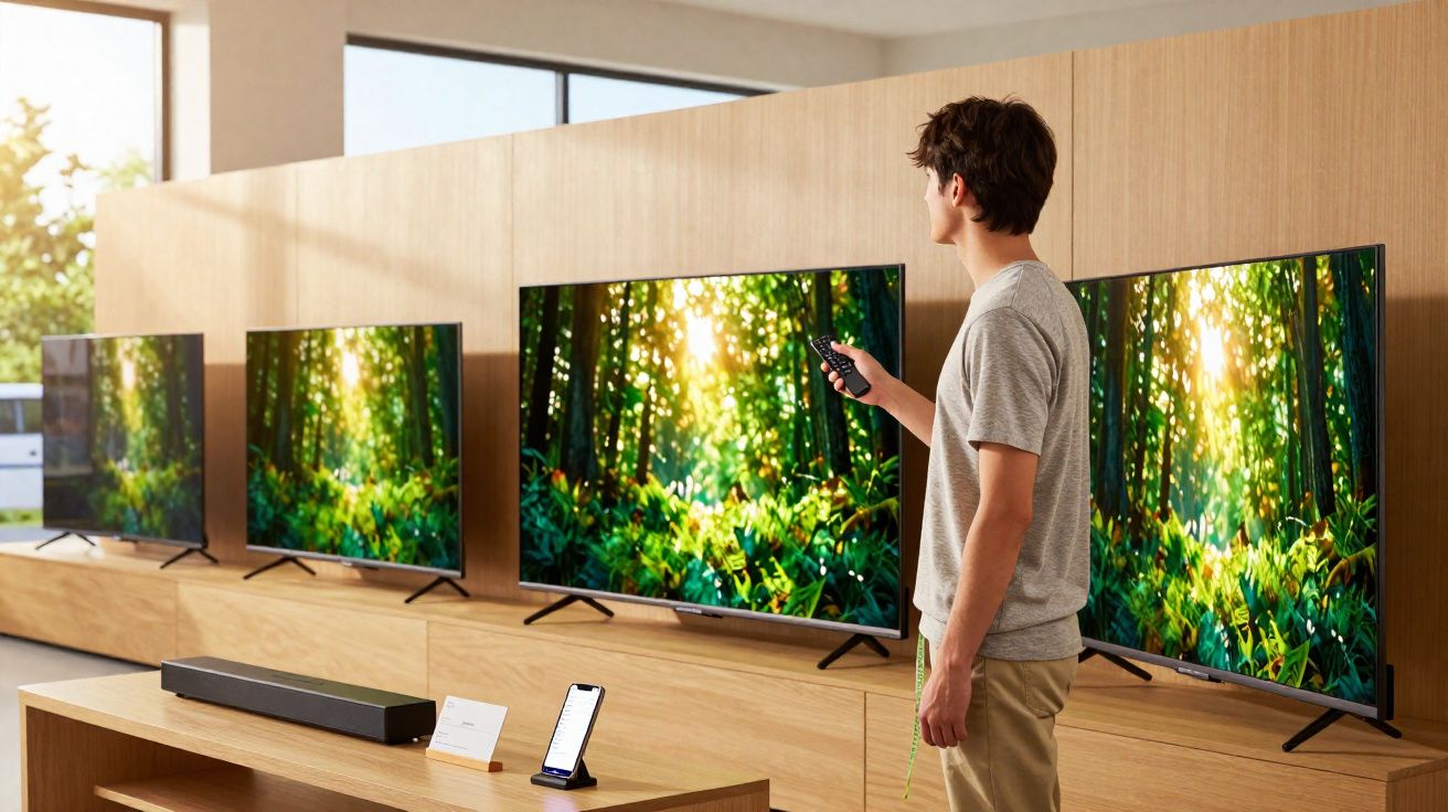 Homem a escolher televisão numa loja, com imagem de floresta verde iluminada no ecrã.
