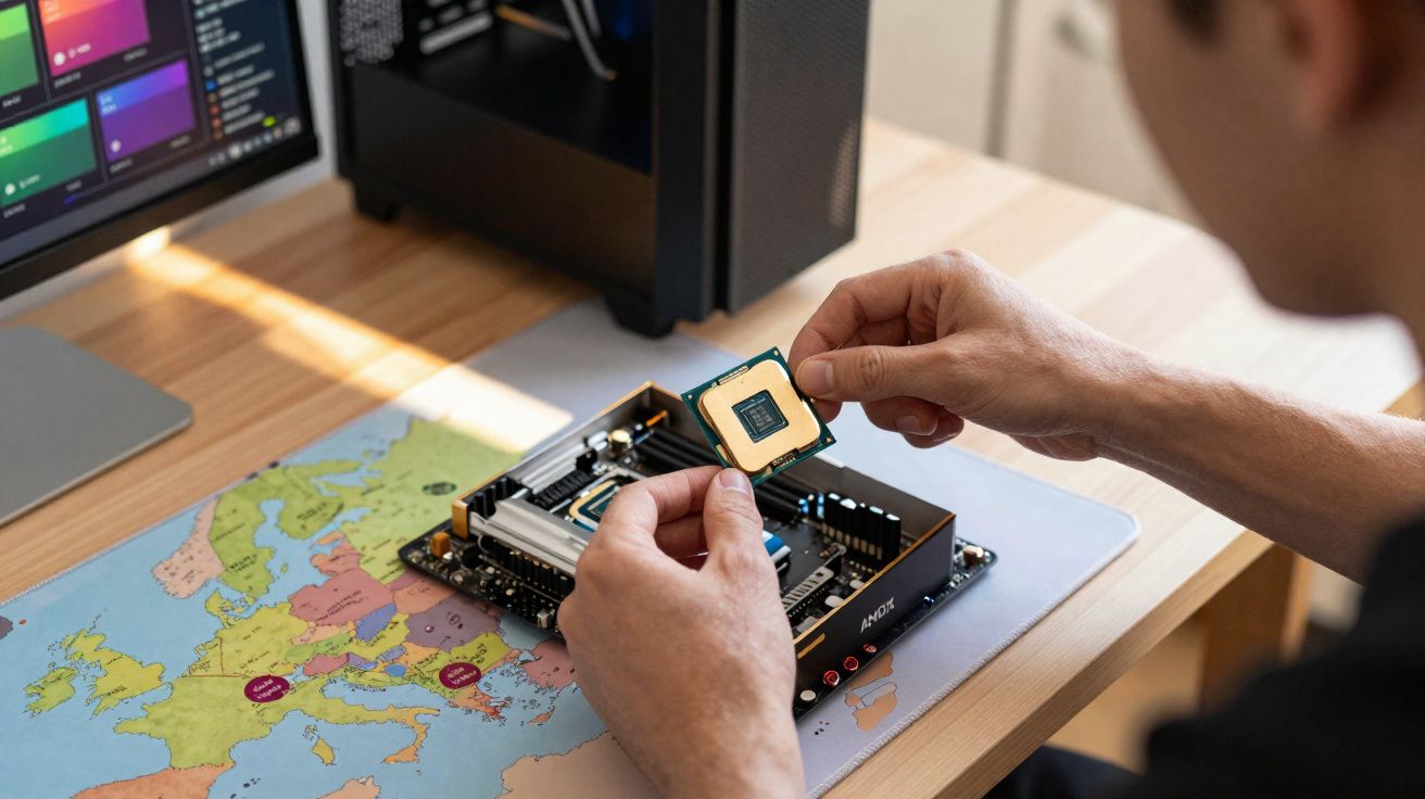 Pessoa a instalar um processador num computador com motherboard sobre um mapa-mundo numa secretária.