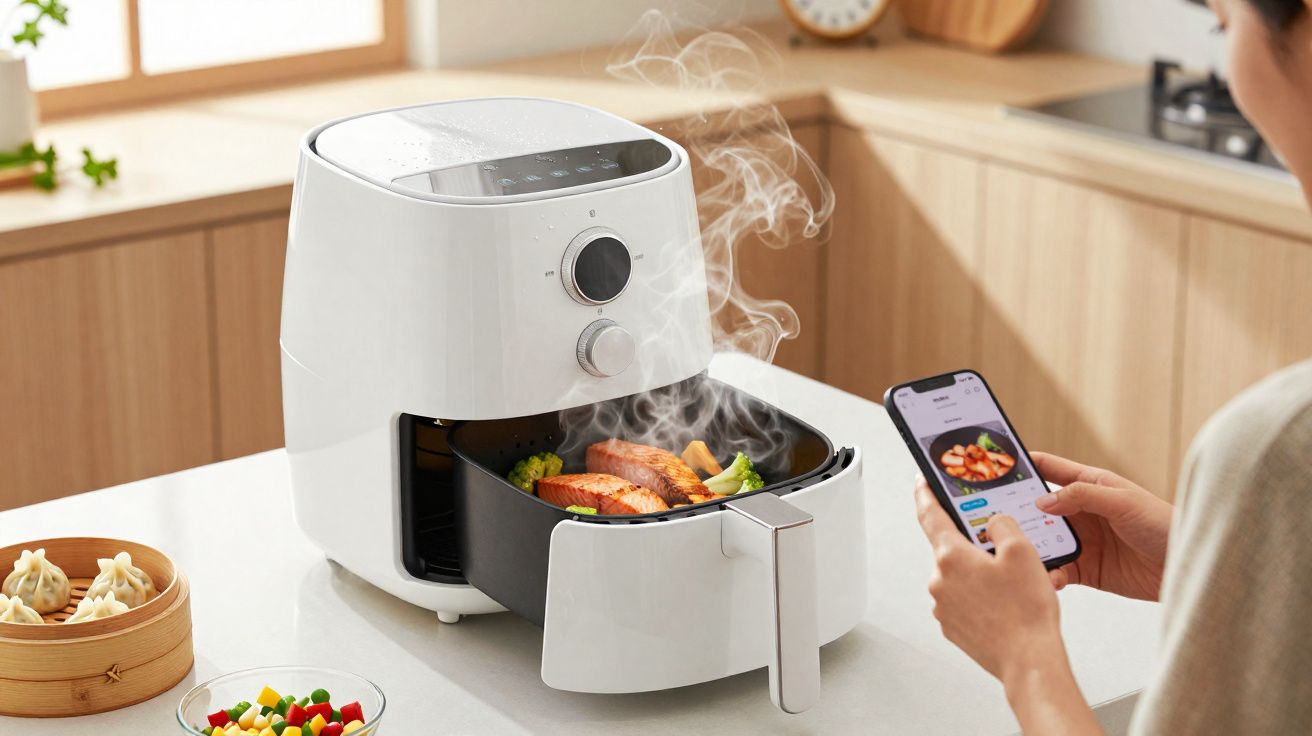 Frango e legumes a cozinhar numa airfryer branca com fumos, ao lado de pessoa a usar smartphone na cozinha.