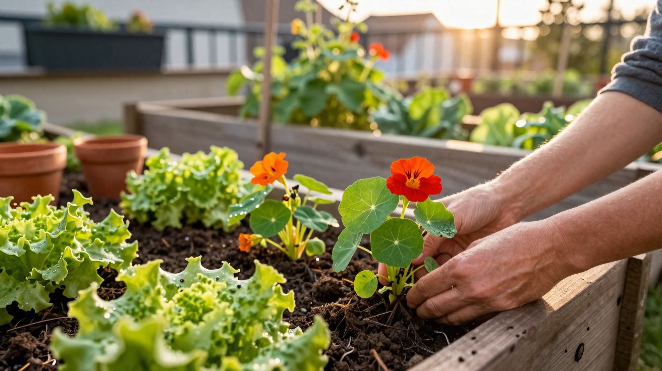 Mãos a plantar flores laranja em horta urbana com alfaces ao entardecer.