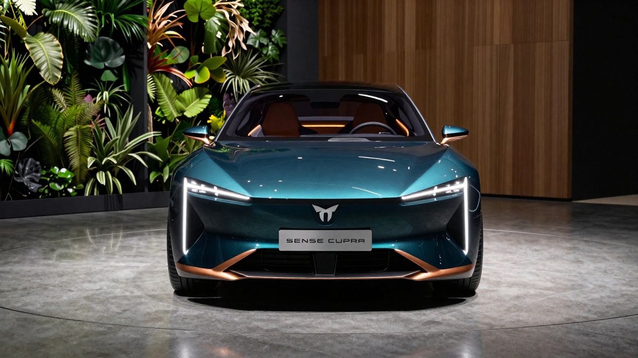 Carro desportivo elétrico Cupra Sense em verde metálico numa exposição com decoração vegetal e parede em madeira.