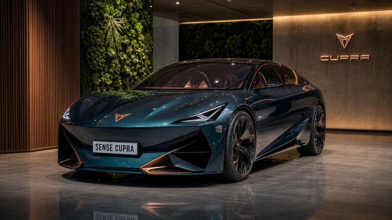 Carro elétrico Cupra Sense estacionado em interior moderno com paredes verdes e iluminação suave.