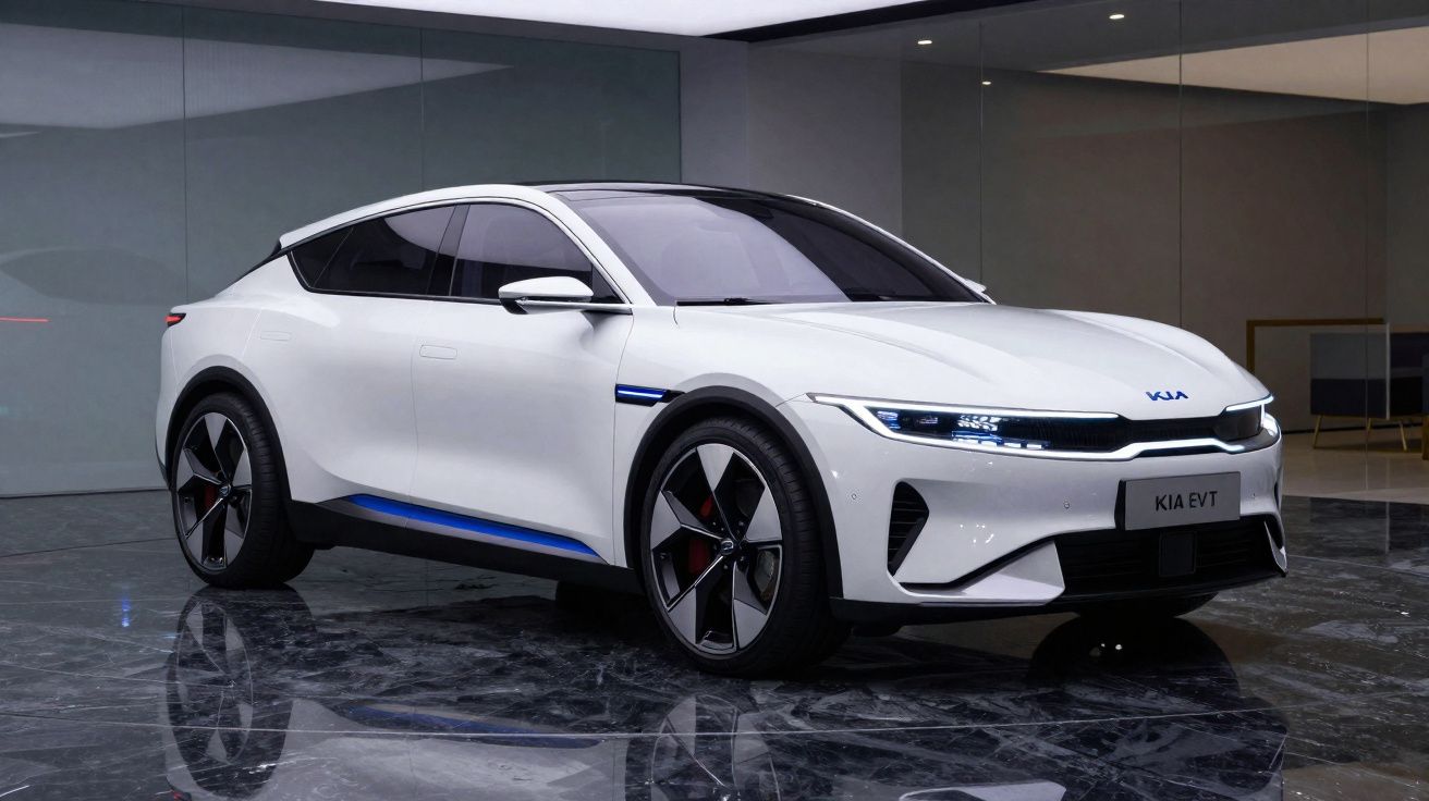 Carro elétrico branco Kia EVT estacionado em ambiente interior moderno com chão em mármore escuro.