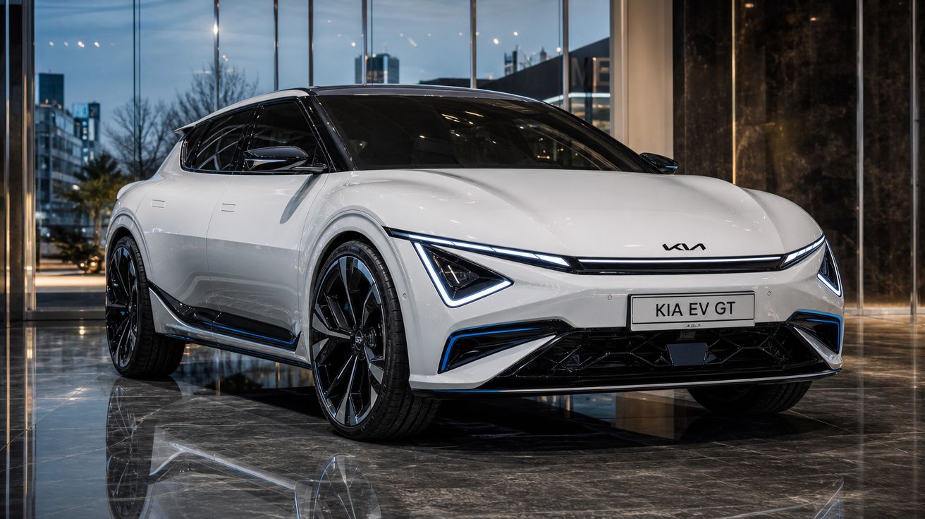 Automóvel elétrico branco Kia EV GT em exposição num showroom moderno com pavimento espelhado.